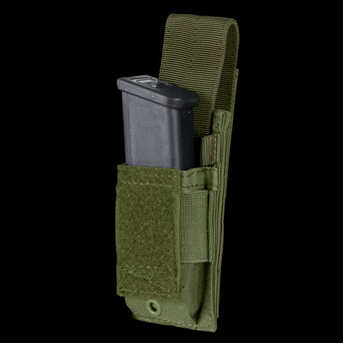 The Condor Single Pistol Mag Pouch is a green tactical pouch with Velcro flap, holds a black magazine, and features a strap for attachment.